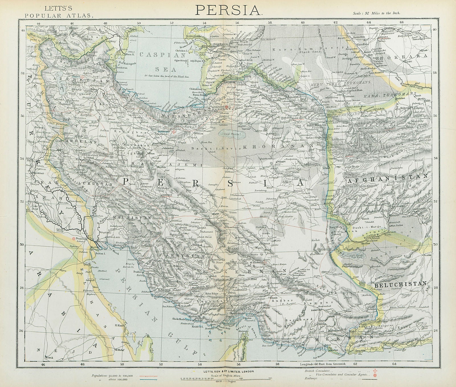 PERSIA IRAN. Ottoman Iraq. Caspian Sea. Afghanistan. LETTS 1883 old map